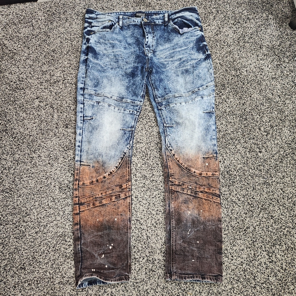 Create 2MRW Mens 38x32 Denim Jeans w Paint Splatter & Ombre Red Fade Acid Wash